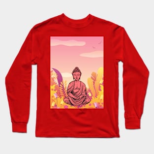 Vibrant Pink and Yellow Mountain Buddha Graphic Long Sleeve T-Shirt